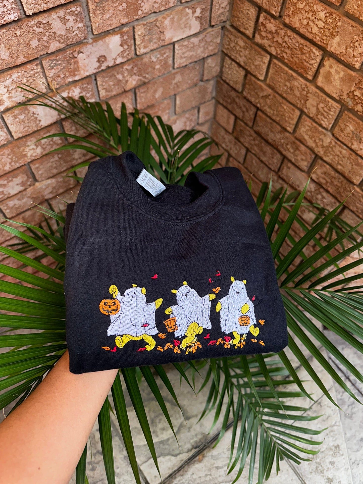 Ghost Bear Parade Embroidered Sweatshirt – Fall Leaves & Halloween Vibes