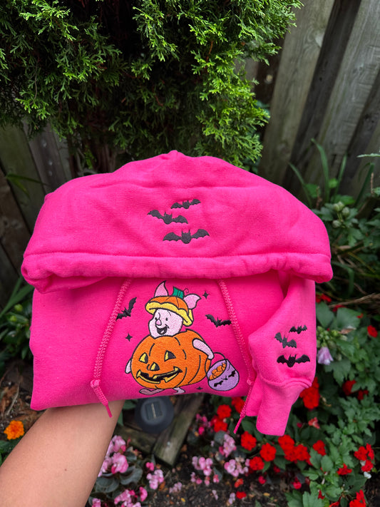 Boo Pig in Pumpkin Suit – Cozy Halloween Embroidered Hoodie