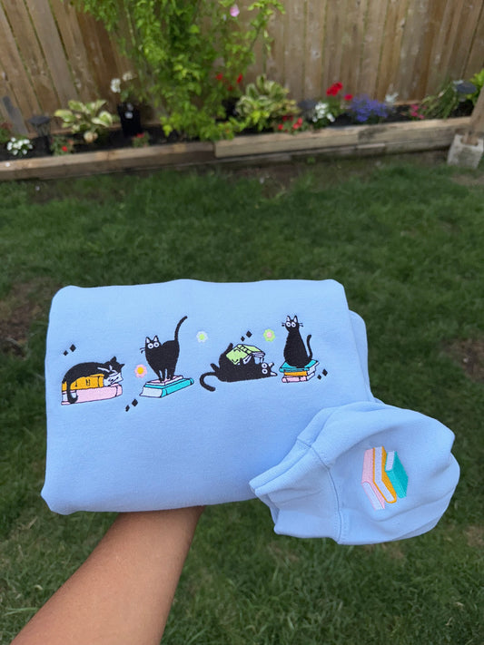 Cat & Books Embroidered Sweatshirt
