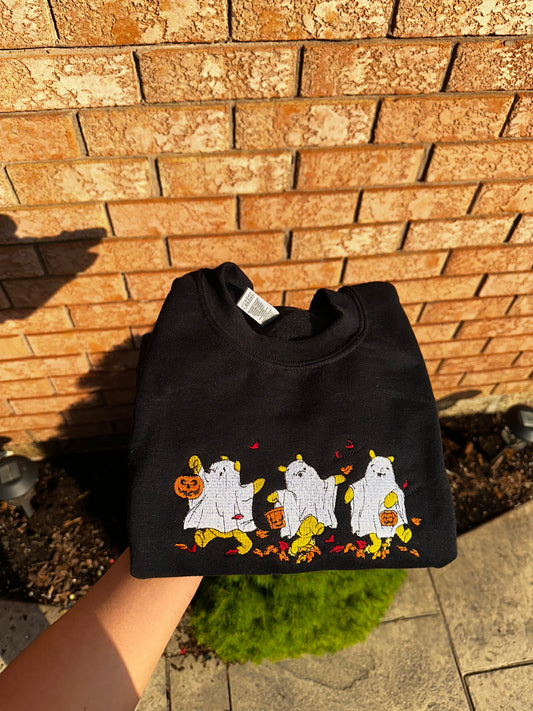 Ghost Bear Parade Embroidered Sweatshirt – Fall Leaves & Halloween Vibes