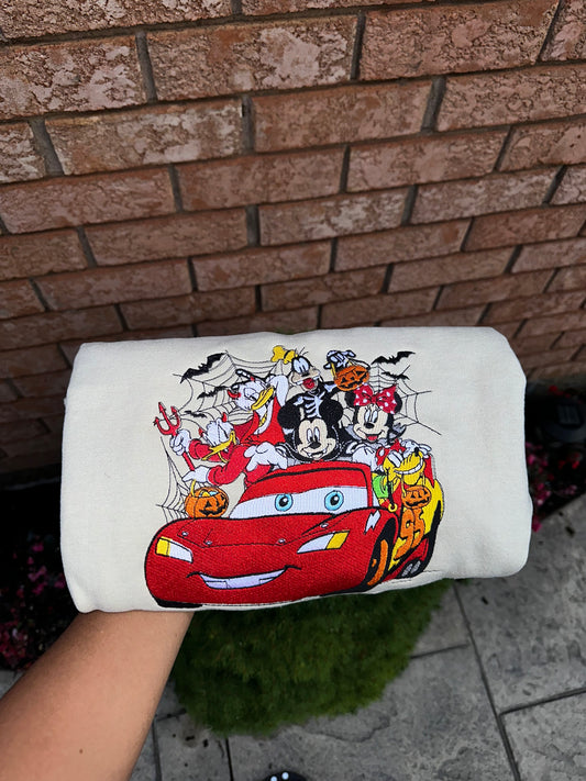 Cartoon Car Halloween Adventure – Embroidered Fall Crewneck
