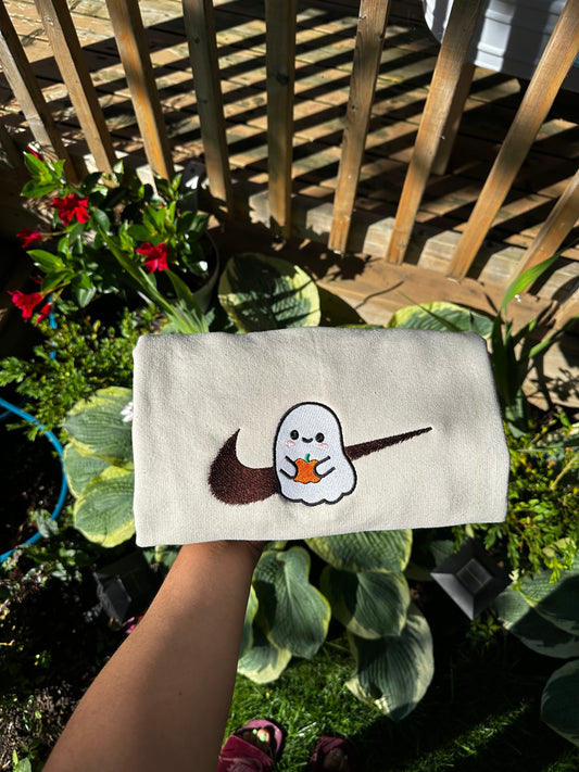 Pumpkin Hug Ghost Embroidered Sweatshirt – Minimalist Cozy Fall Crewneck