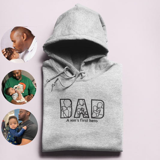 EMBROIDERED| Father Day Sweatshirt, Dad Hoodie - Personalized Gifts for Dad from Daughter or Son with Outline Portrait Photo Initial Sleeve