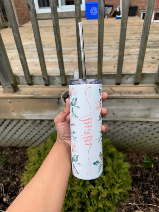 Personalized Mom Tumbler, Personalized Stainless Steel Floral Butterfly Skinny Tumbler, Mother's Day Gift, Gift For Mom, Grandma Tumbler