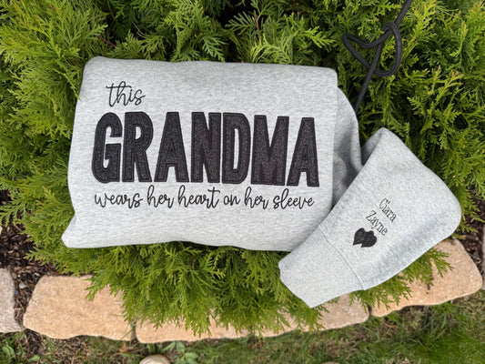 Custom This Grandma Wears Her Heart On Her Sleeve Sweatshirt, Personalized Mimi Hoodie With Grandchilds Names, Nana Outfit, Mothers Day Gift
