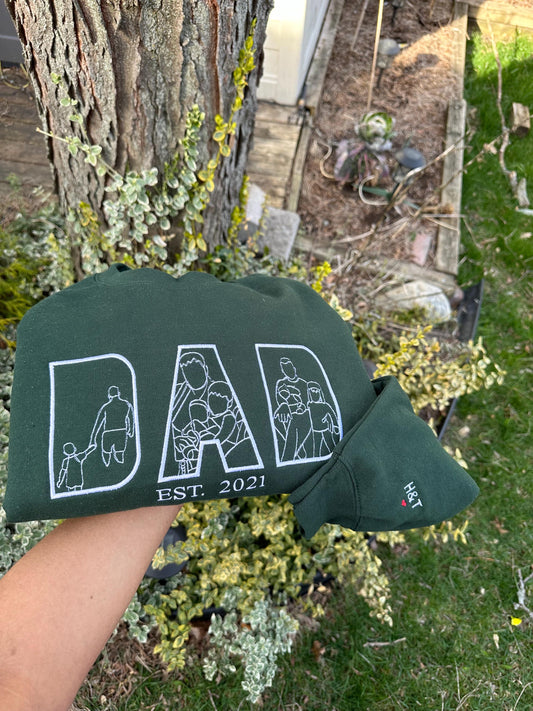 EMBROIDERED| Father Day Sweatshirt, Dad Hoodie - Personalized Gifts for Dad from Daughter or Son with Outline Portrait Photo Initial Sleeve